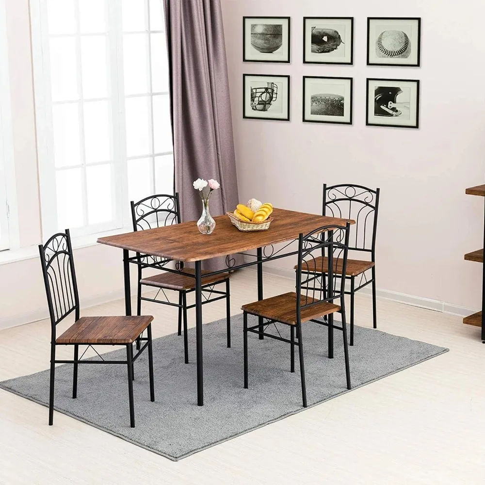 

Dinette Dining Room Set Space Saving Table Set for 4 Chair Patio Wooden Top Metal Legs Dinning Tables Sets Furniture Home