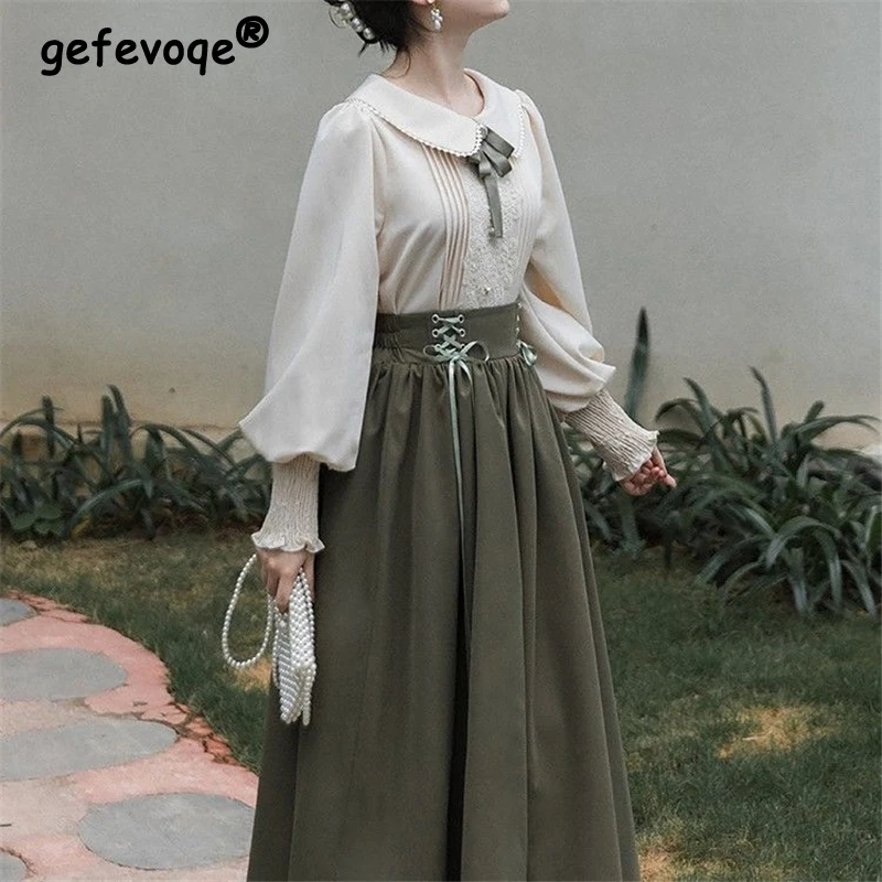 

Two Piece Set Women Ruffle Bow Lace Patchwork Shirts Vintage Chic Elegant Sweet Blouses Spring Autumn Bandage Long Skirts Outfit