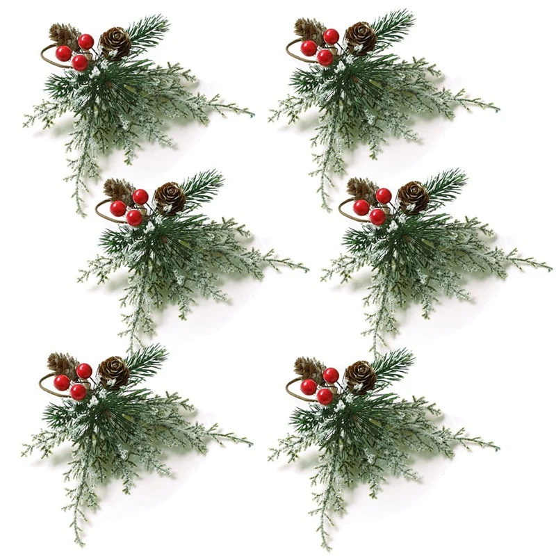 

Christmas Napkin Rings Set Of 6, Napkin Holder Rings With Artificial Pine Cones Branches Red Berry Decor