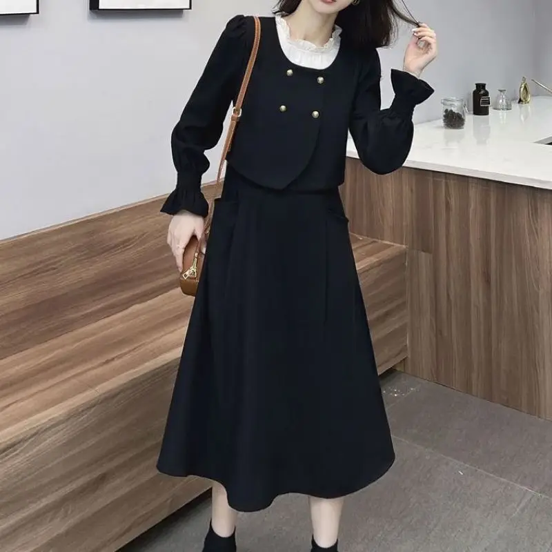 

2023 Spring Autumn New Women's Midi Dress Korean Lady Graceful Patchwork Fake Two Piece Dresses Black Flare Long Sleeve Clothing