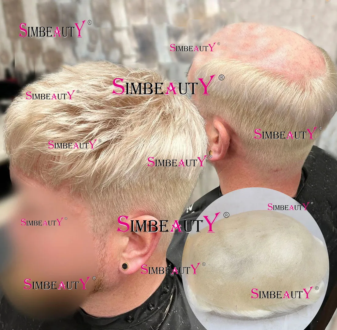 

Парики мужские Платиновые, светлые, серые, 100% человеческие волосы, полностью тонкая кожа, искусственная кожа, парик для мужчин 0,04-0,06 мм, система замены капиллярного протеза