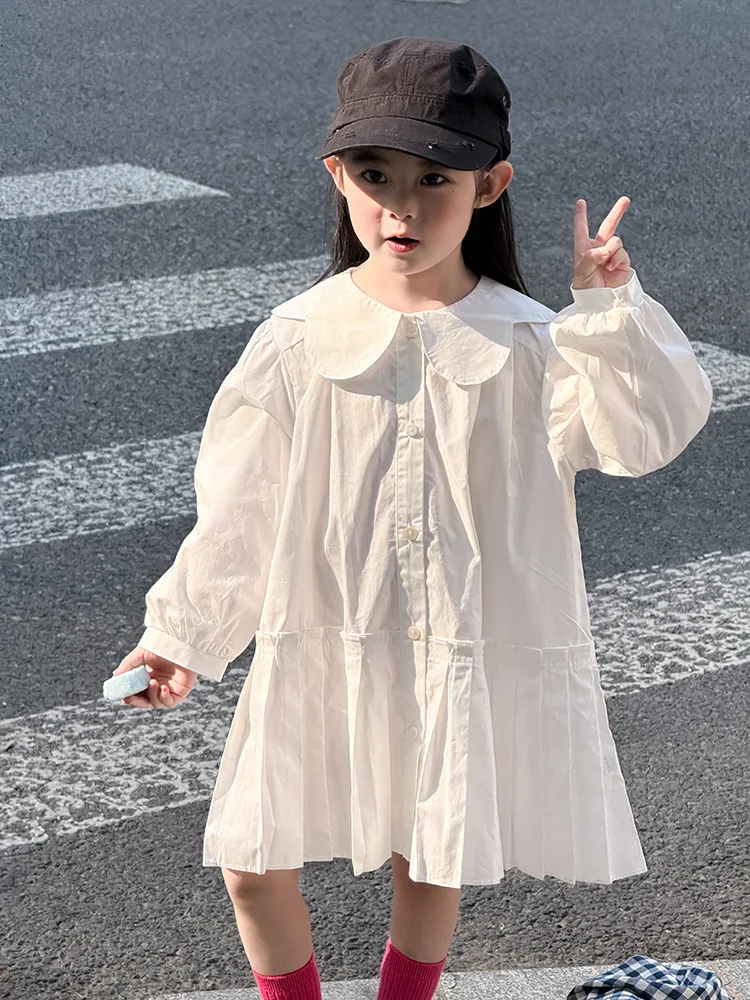 2025 Autumn New Girls Preppy Style Pleated Dress Solid Children Long Sleeve Dress Baby Girl Large Lapel Loose Dress Kids Clothes 15 S91085be9009d47ccbd8a049b5b9d3fbdS