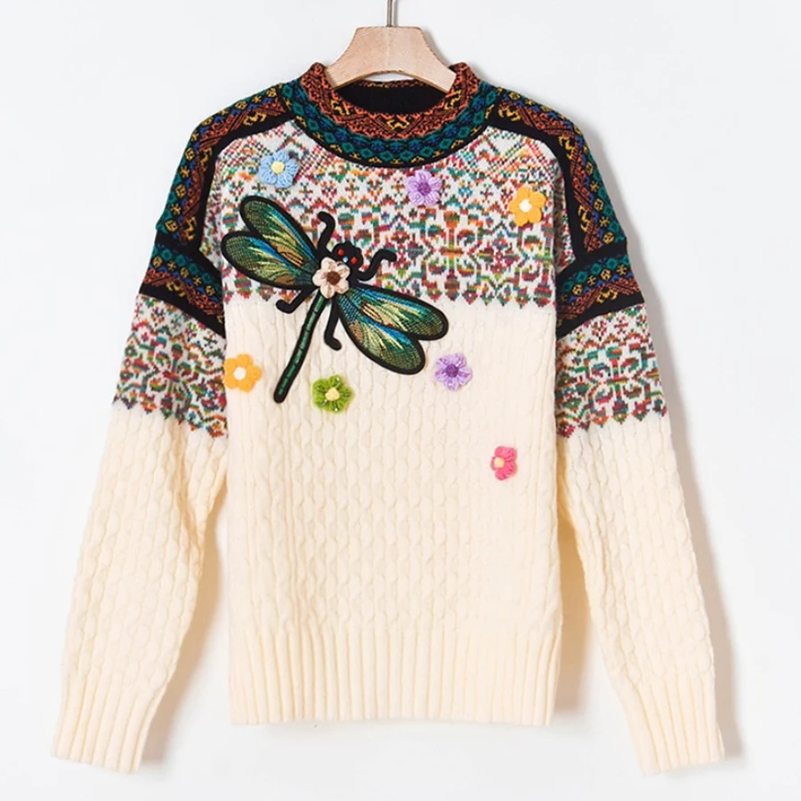 

Luxury Brand 2023 Autumn Winter Harajuku Women Embroidered Dragonfly Bead Flowers Knitted Sweaters Pullovers Female Thick Jumper