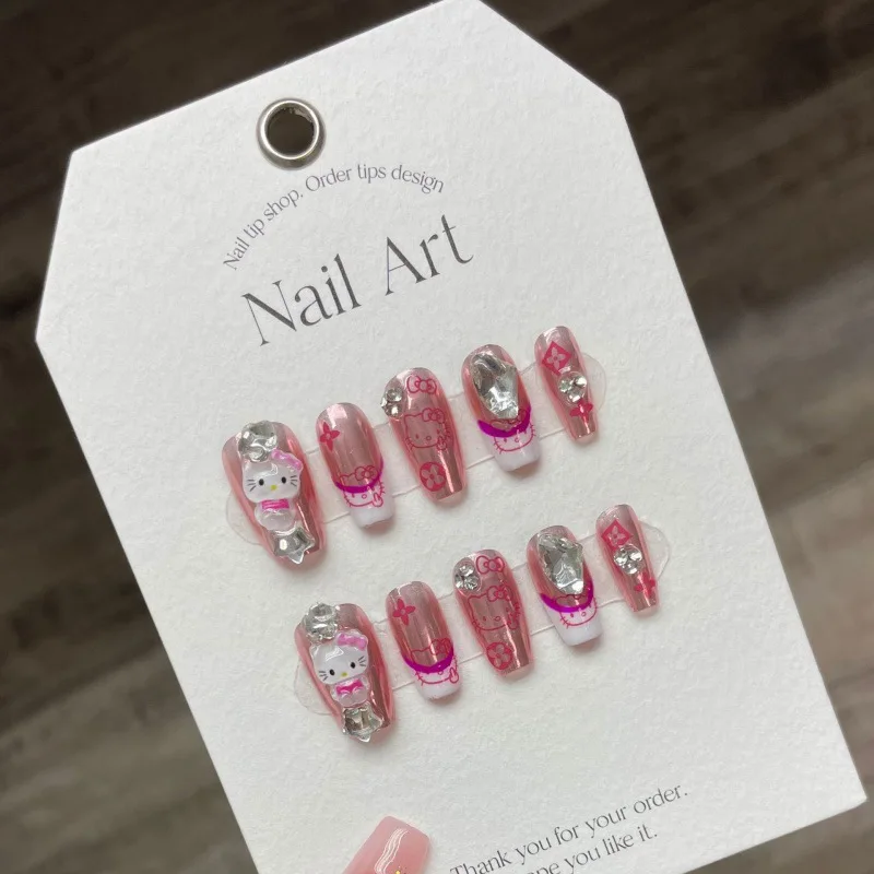 

Hello Kitty Handmade False Nails Press On Kawaii Anime Sanrio My Melody Manicuree Wearable Artificial Designs Nails Girl Gift