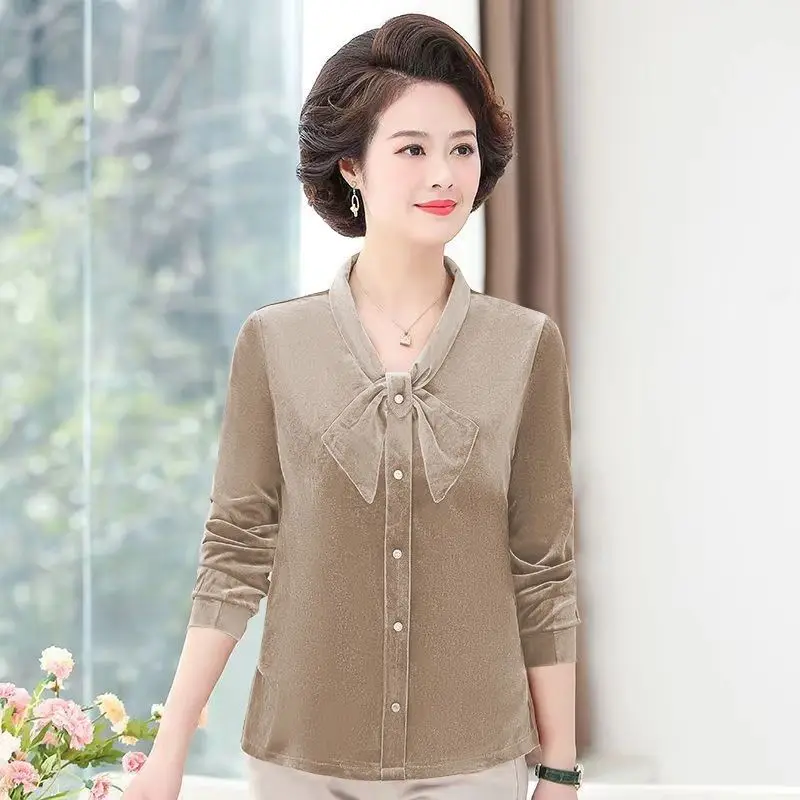 Long Sleeve Tees Tops Women Bow Pullover Bottom Shirt Solid Autumn V-Neck Stretch for Middle-Aged Mother Casual Camiseta T78
Long Sleeve Tees Tops Women Bow Pullover Bottom Shirt Solid Autumn V-Neck Stretch for Middle-Aged Mother Casual Camiseta T78