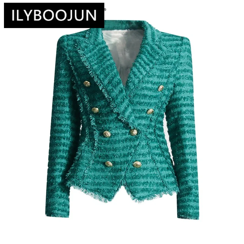 

ILYBOOJUN Solid Temperament Blazers For Women Notched Collar Long Sleeve Patchwork Double Breasted Blazer Female Fashion New