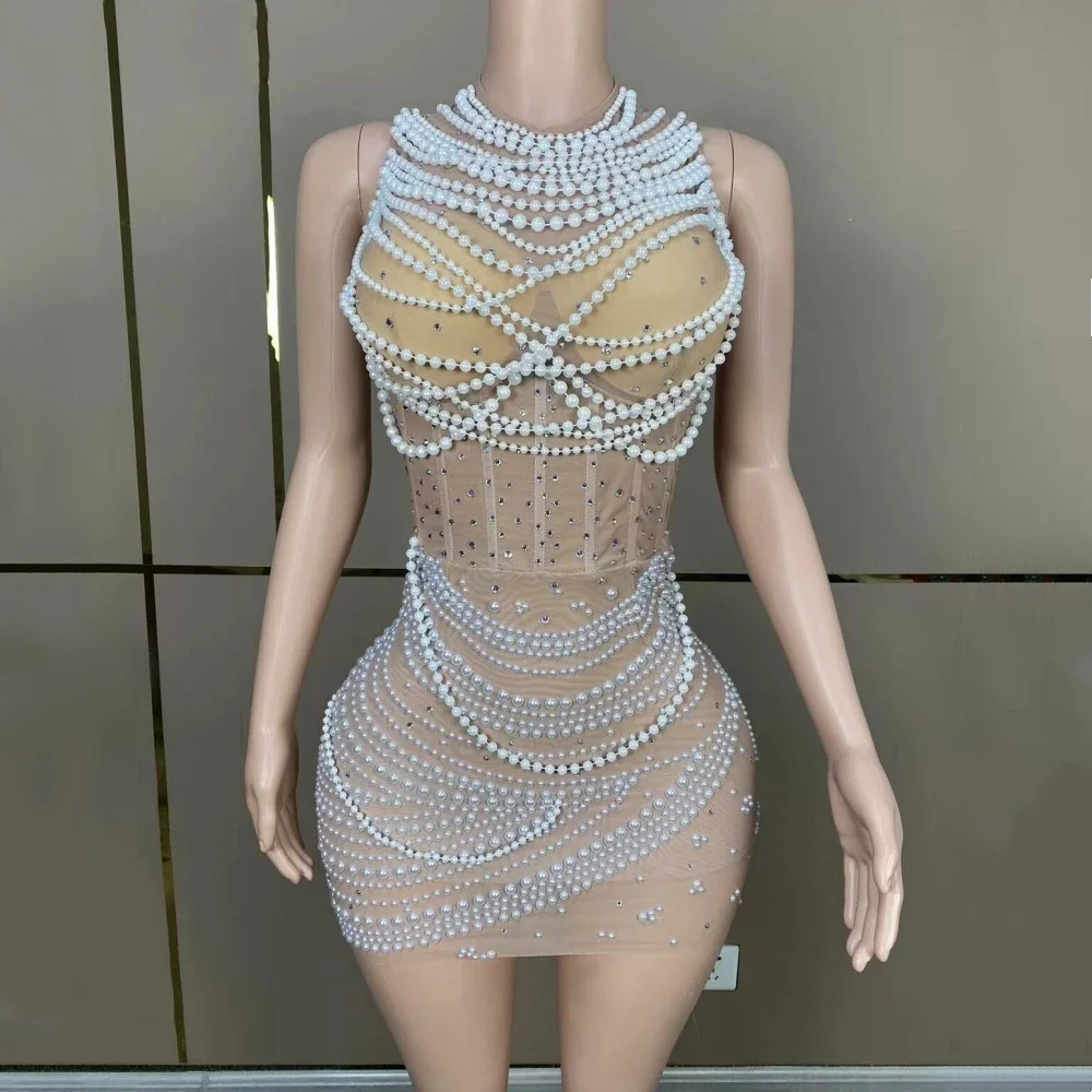 

Sexy See-Through Luxury Pearls Chain Mesh Sheath Dress Evening Party Performance Costume Bar Nightclub Singer Stage Wear