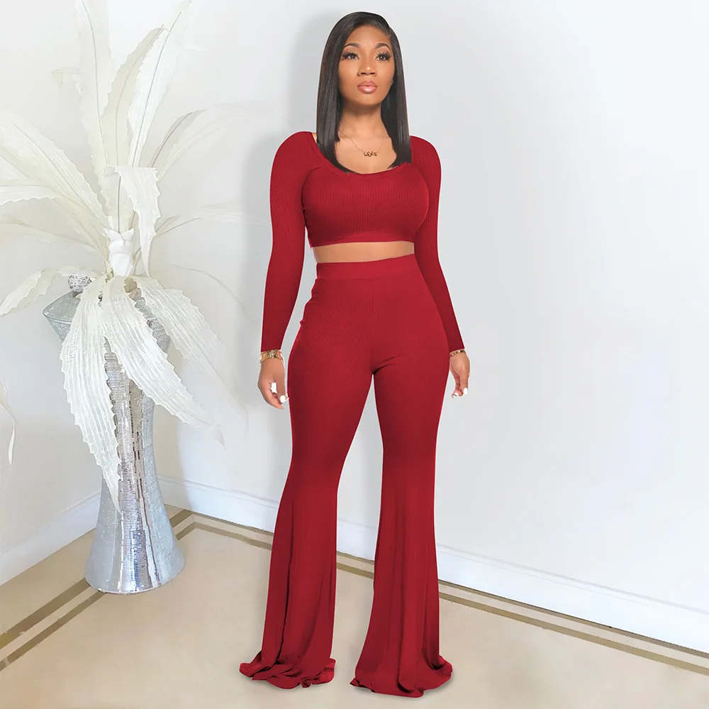 New Slim Long Sleeve Slim-Fit Solid Color Crop Top And Bell-Bottom Pants Set Rib-Plain Bodycon 2 Piece Pants Set For Women
New Slim Long Sleeve Slim-Fit Solid Color Crop Top And Bell-Bottom Pants Set Rib-Plain Bodycon 2 Piece Pants Set For Women