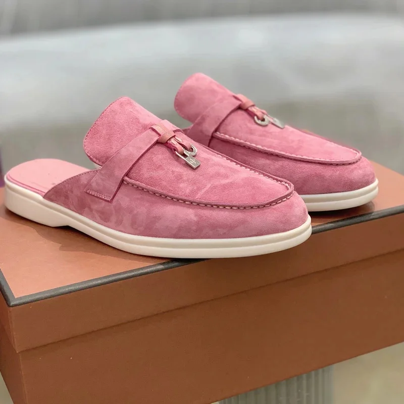 

Suede Leather Women loafers 2023 Summer Men Flat Shoes Metal Lock Slip-on Causal Moccasin Comfortable Mules lazy Women Slippers