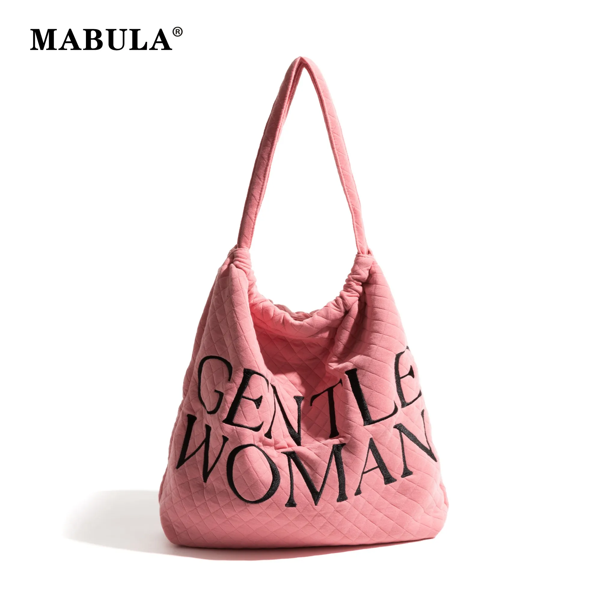 

MABULA Cotton Letter Embroidery Pink Woman Shoulder Hobo Purse Quilted Drawstring Girl's Shopper Tote Bag Female Casual Handbag