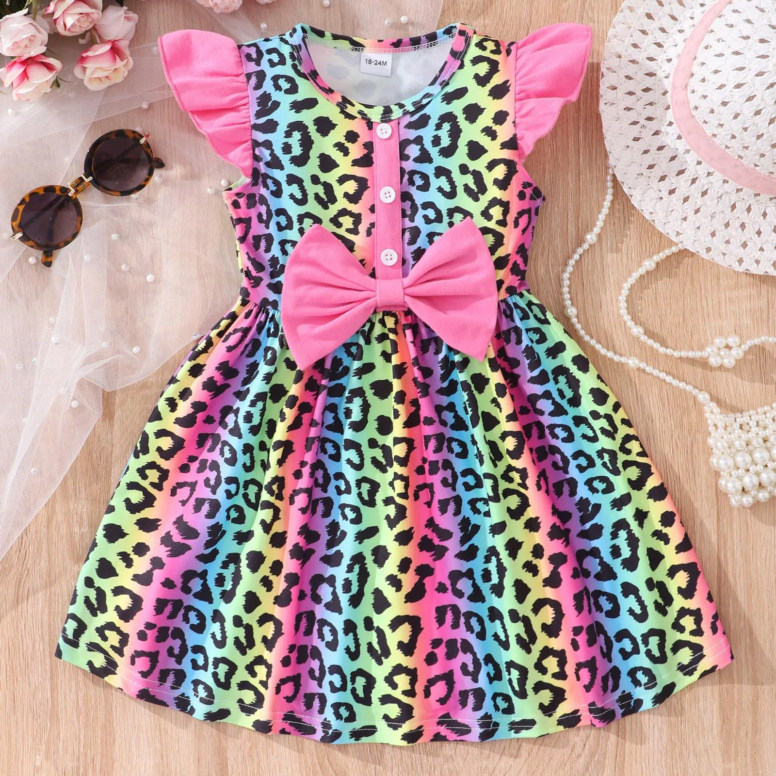 

1-6Y Summer Kids Girl Dresses Flying Sleeve Leopard Prints Bowknot Dress Princess Party Sundress For Girls Children Clothes