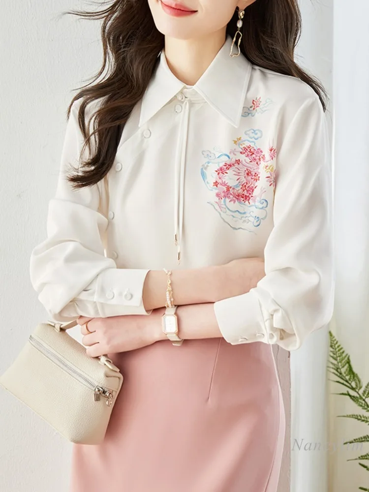 

New Chinese Style Buckle White Shirt Women's Spring Clothing 2024 New Chic Beautiful Top Design Sense Niche Print Blusas