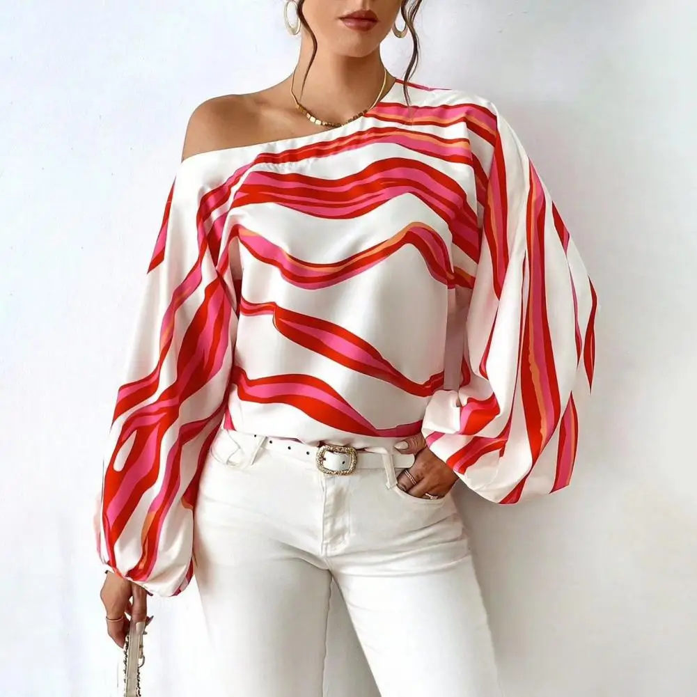 

Women Summer Blouse Slash Neck Lantern Long Sleeve Pullover Tops Geometric Striped Print Loose Fit Shirt Female Blusas Shirt