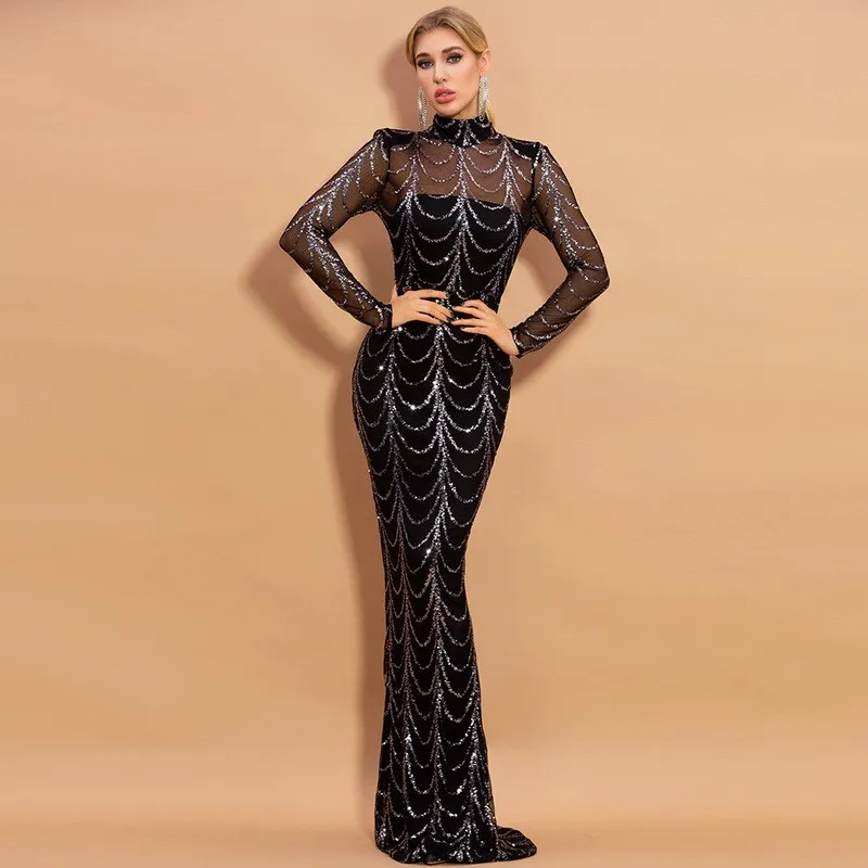 

Long Sleeve Black Trailing Little European and American Style New See-through Striped Sequined Long Dress