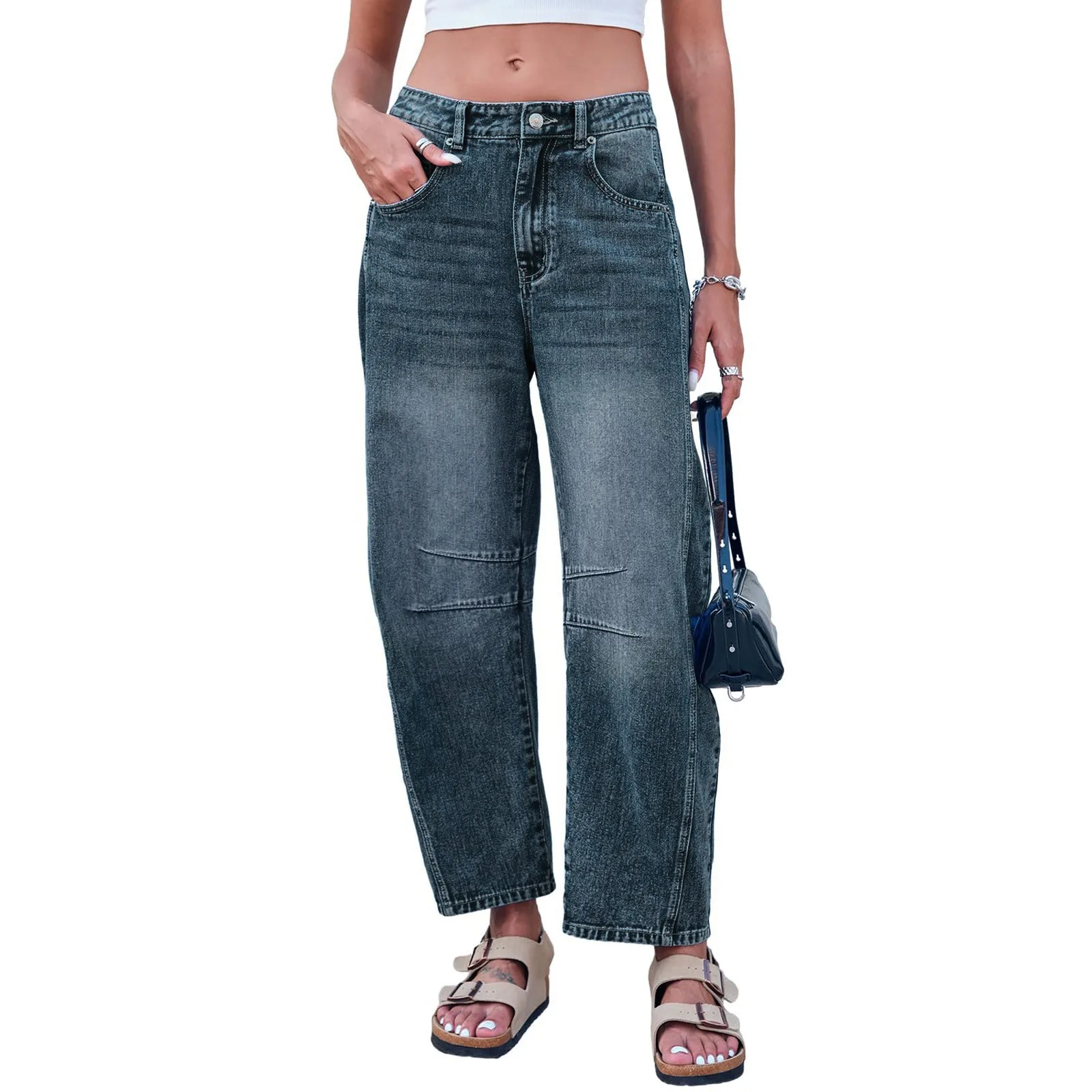 

Женские джинсы со средней посадкой, широкие укороченные джинсовые брюки со средней талией, мешковатые джинсовые брюки, модные повседневные джинсы в Корейском стиле Y2k