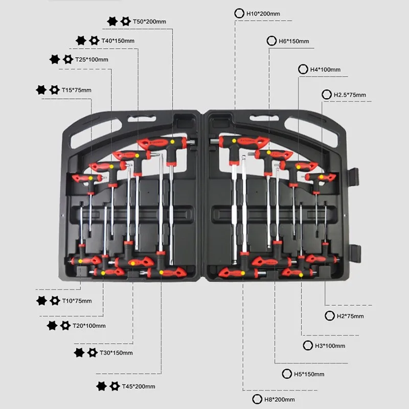 

16Pcs T-Handle Torx Key Star Spanner Set H2-H10 Ball End Wrench Set T10-T50 Hex Key Repair Hand Tool Set Chrome Vanadium Tools