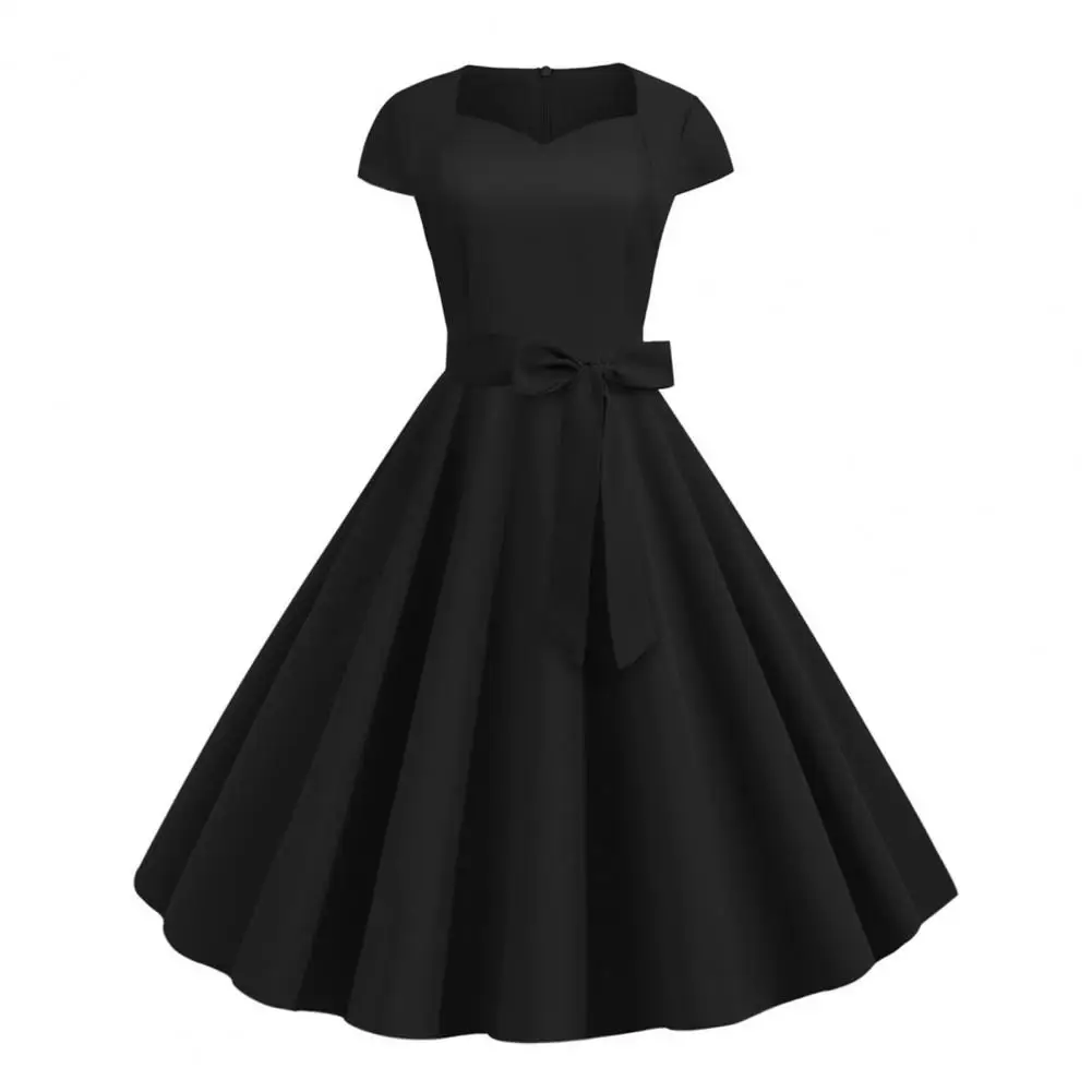 

Short Sleeve Dress Cocktail Dress Retro Princess Style Midi Dress with V Neck Belted Bow Decor A-line Big Swing Design for Women