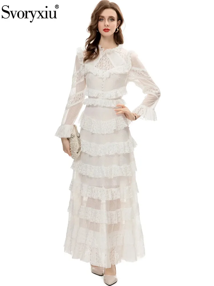 

Svoryxiu Fashion Designer Autumn Party White Elegant Long Dress Women's Flounces Collar Slim Net Yarn Floral Embroidery Dress