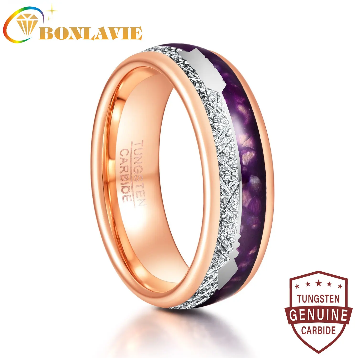 

BONLAVIE 8mm Rose Gold Color Inlaid Meteorite Purple Agate Men Tungsten Carbide Rings Retro Arrow Tungsten Steel Anelli Uomo