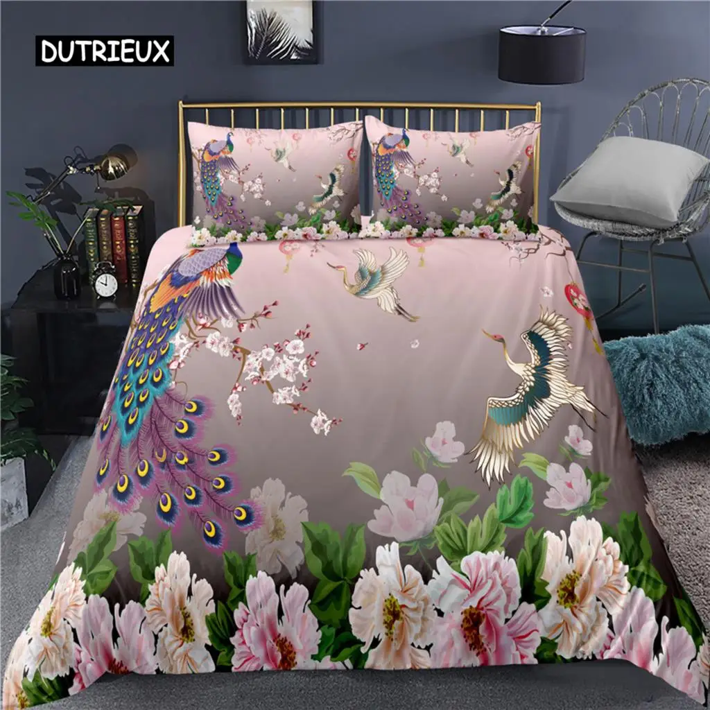 

Peacock Duvet Cover Plum Blossom Decor Bedding Set King Size Crane Peacock Feather Floral Pattern Romantic Polyester Quilt Cover