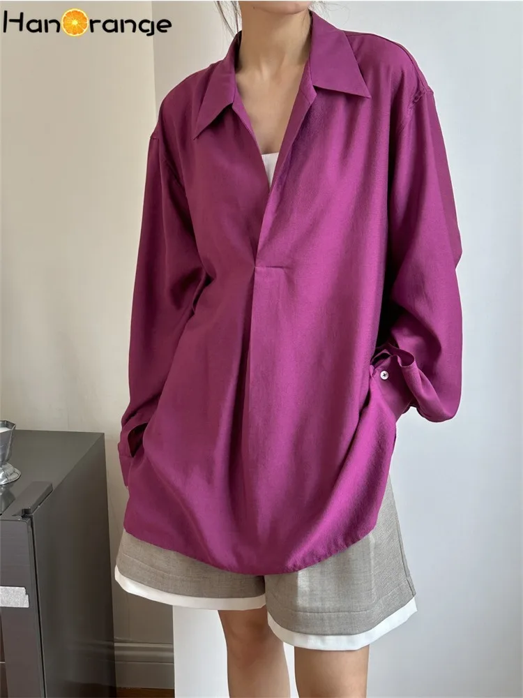 

HanOrange 2024 Summer Lazy Relaxing V-neck Silhouette Shirt Women Cool Comfortable Casual Top White/Grape Purple