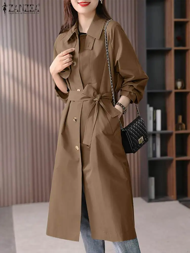 

Ветровка ZANZEA в стиле оверсайз, осенние пальто, длинная верхняя одежда, Женский Повседневный Тренч с длинным рукавом и воротником с лацканами, однотонная Свободная куртка, офисное пальто