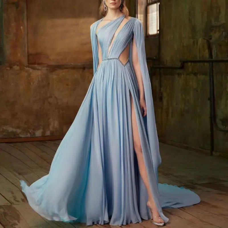 

Новинка 2024, дизайнерские вечерние платья для женщин, элегантные шифоновые платья-трапеции небесно-голубого цвета с открытой спиной, Длинные официальные платья для выпускного вечера