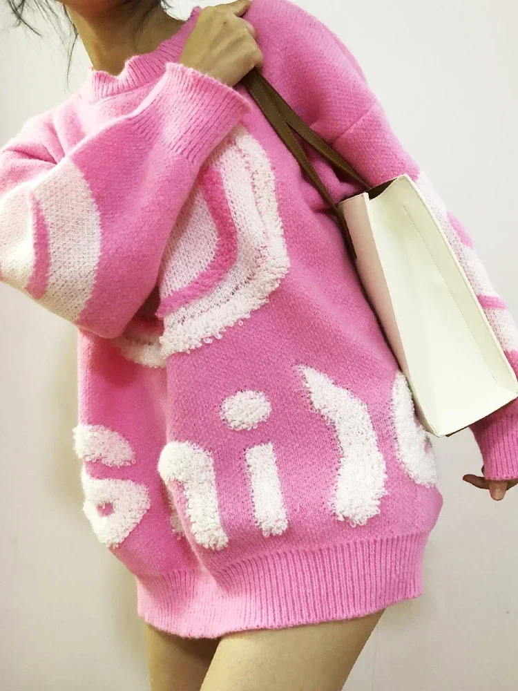 

Вязаный крючком свитер Y2k с круглым вырезом, Женский Свободный Топ, пуловеры для E-girl, джемпер на весну, осень и зиму, уличная одежда