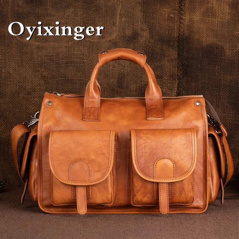 

OYIXINGER Fashion Vintage Genuine Leather Men's Travel Bag New Solid Colour Cowhide Crossbody Bag Luxury Large Capacity Handbag
