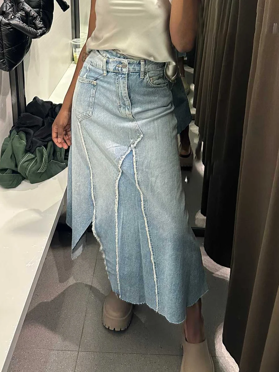 

American Vintage Raw Hem Long Skirt High Wasit Asymmetric A-line Pockets Faldas Retro Streetwear Denim Slit Woman's Skirts Chic