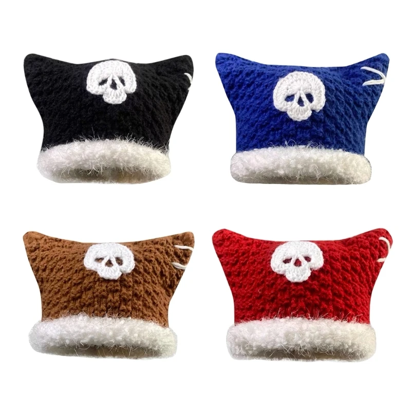 

New Handmade Crochet Beanie Hat Gothic Skull Hat Teens Girls Y2K Cat Ear Bobble Hat