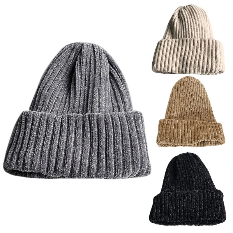 

Winter Beanie Hat for Women Warm Cozy Ribbed Knitted Harajuku Hip Hop Chenille Velvet Stretchy Solid Cuffed Skull Cap