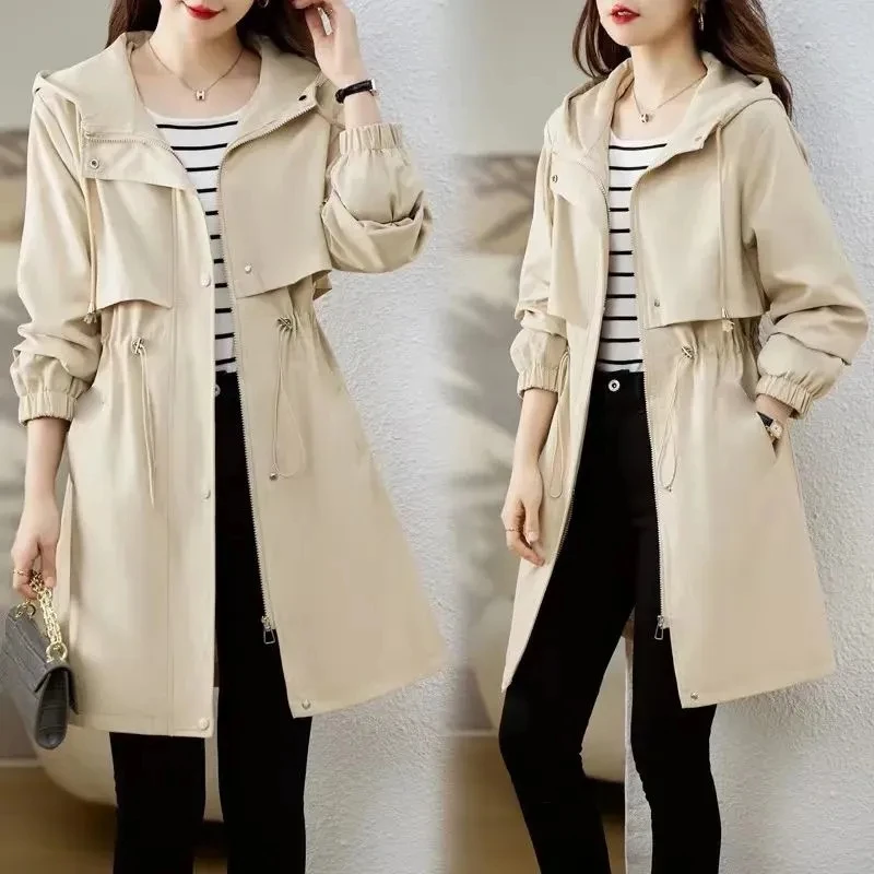 

2024 Spring Autumn New Trench Coat Women Korean Mid Long Hooded Zipper Jackets Female Windbreaker Clothing Khaki Black Outerwear