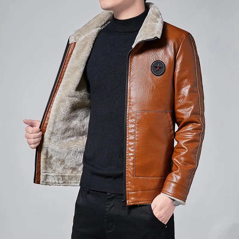 

Winter Men's Fur Integrated Plush Thickened Leather Jacket Fashion Slim Suede Collar Handsome Top Motorcycle PU Leather Jacket