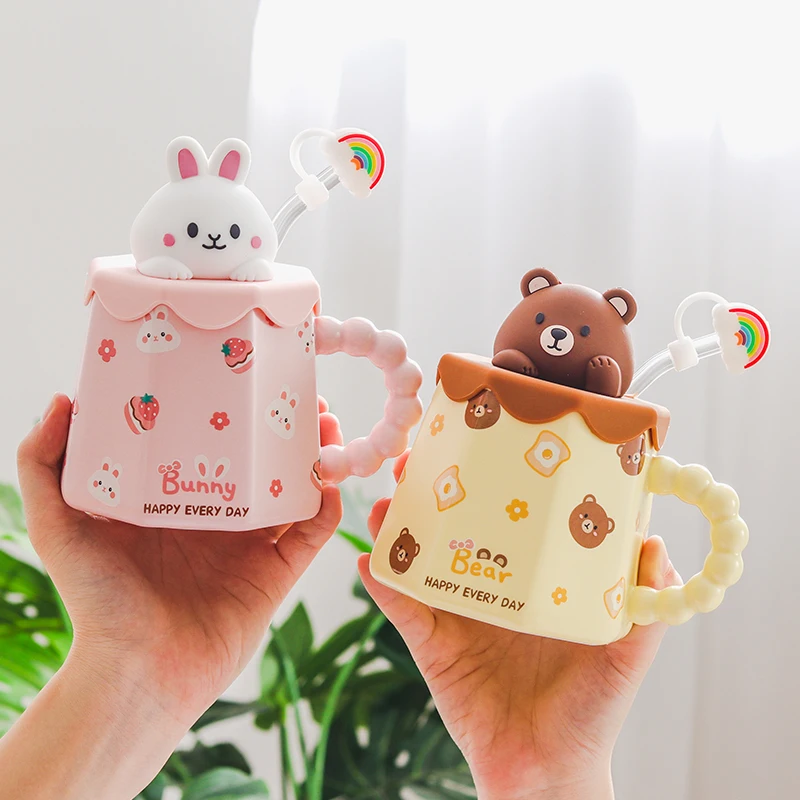 

400ml Cartoon Ceramic Mug with Lid and Spoon Creative Cute Coffee Milk Tea Breakfast Cup Novelty Gifts Mugs Coffee Gift Cups