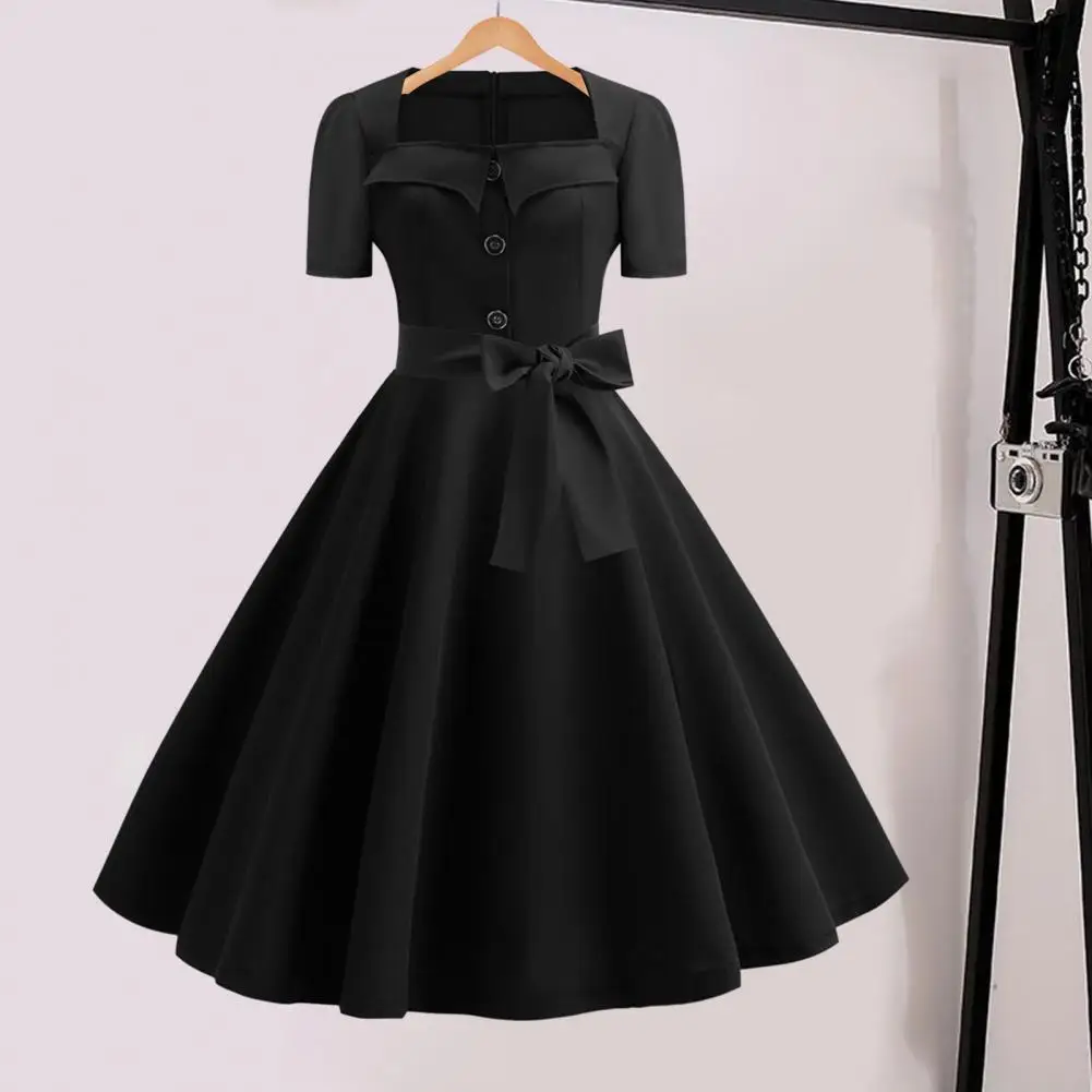 

1950s Rockabilly Dress Vintage Pin-up Dress Vintage 1950s A-line Midi Dress with Square Neck Big Hem Retro Button Decor Dot