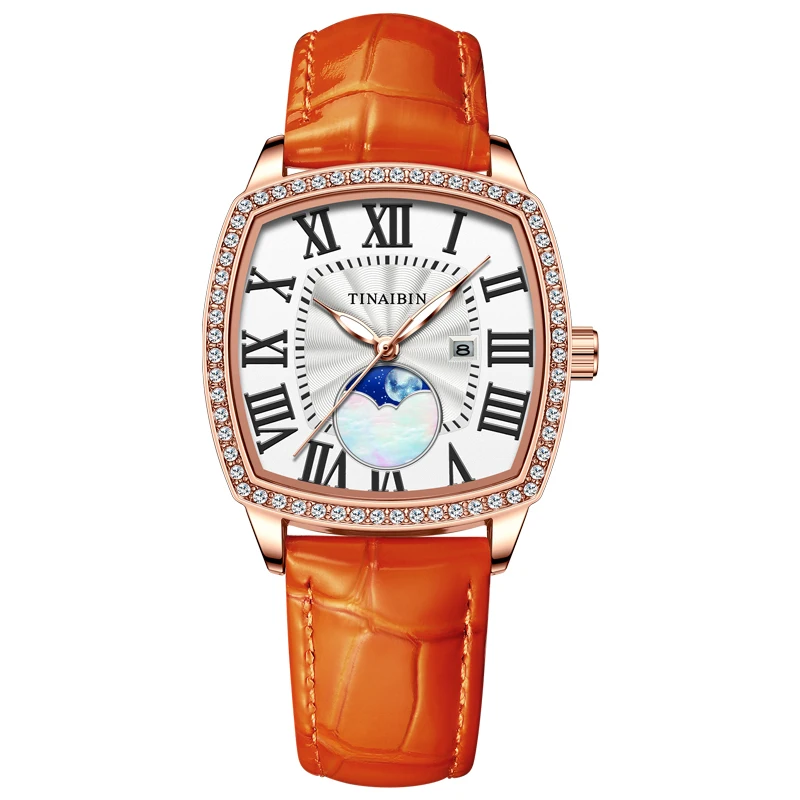 

Fashion Rectangle Diamond Rome with Orange Watch's Band Ladies Watch Waterproof Moon Quartz montres femmes