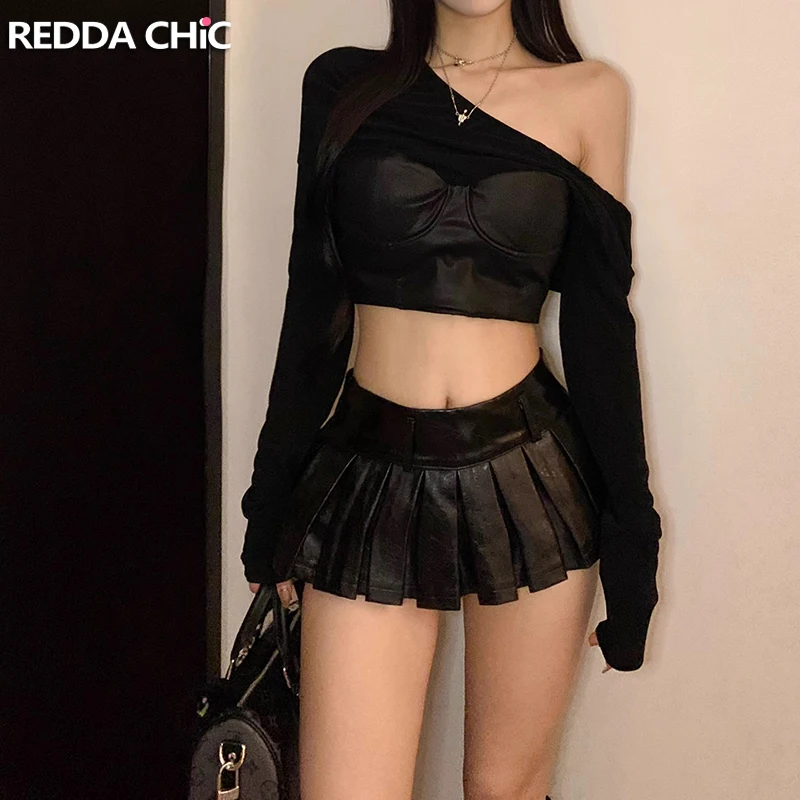 

REDDACHiC Steampunk Retro Black Leather Mini Skirt Women Lined Solid Casual High Rise A-line Pleated Skirt Y2k Grunge Streetwear