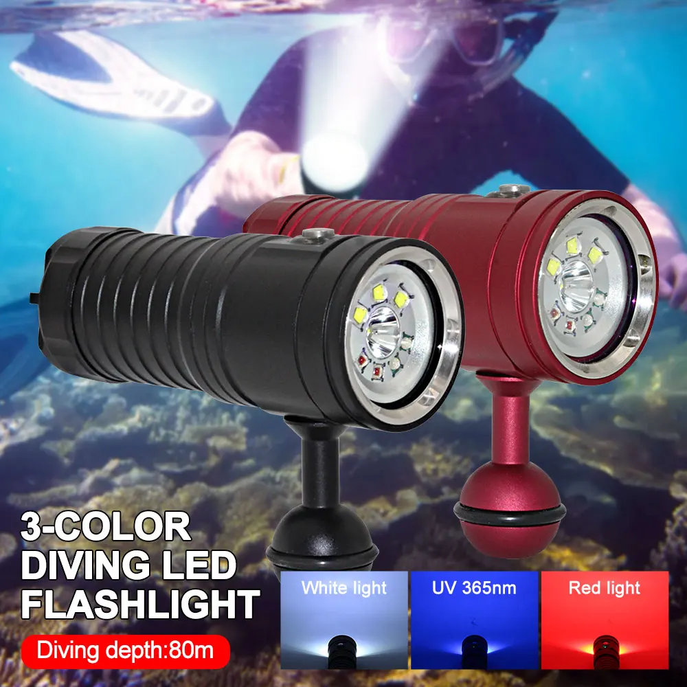 

60W Diving Flashlight XPE LED Underwater 80m Photography Video White Blue Red Fill Light Waterproof IPX8 Diver Torch Lamp