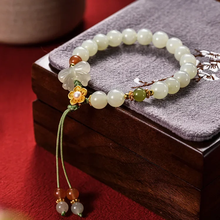 

Natural Hetian Jade Butterfly Love Flower Bracelet for Retro Light Luxury Niche Design Woven Hand Rope GiftHigh-grade Jewelry