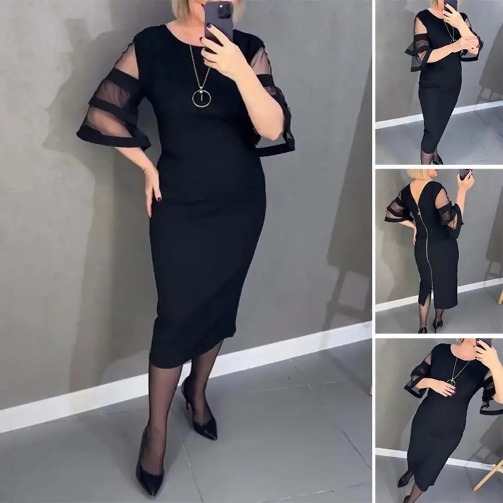 

Comfortable Fabric Midi Dress Elegant Office Lady Dress with Mesh Stitching Flared Sleeve Back Zipper Women's Casual for Office