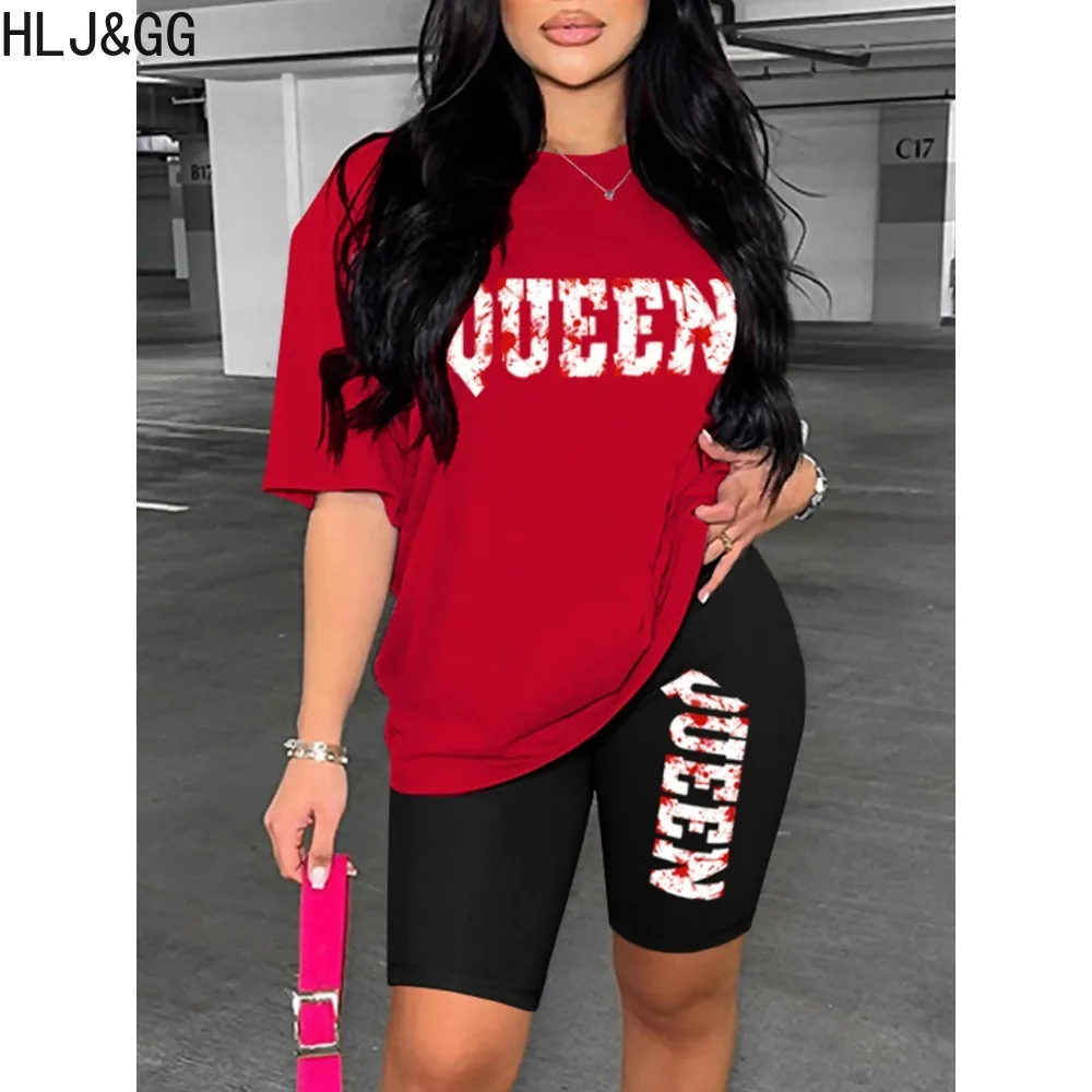 

HLJ&GG Spring Letter Print Tracksuits Women O Neck Short Sleeve Tshirt And Biker Shorts Two Piece Sets Casual Sporty 2pcs Outfit