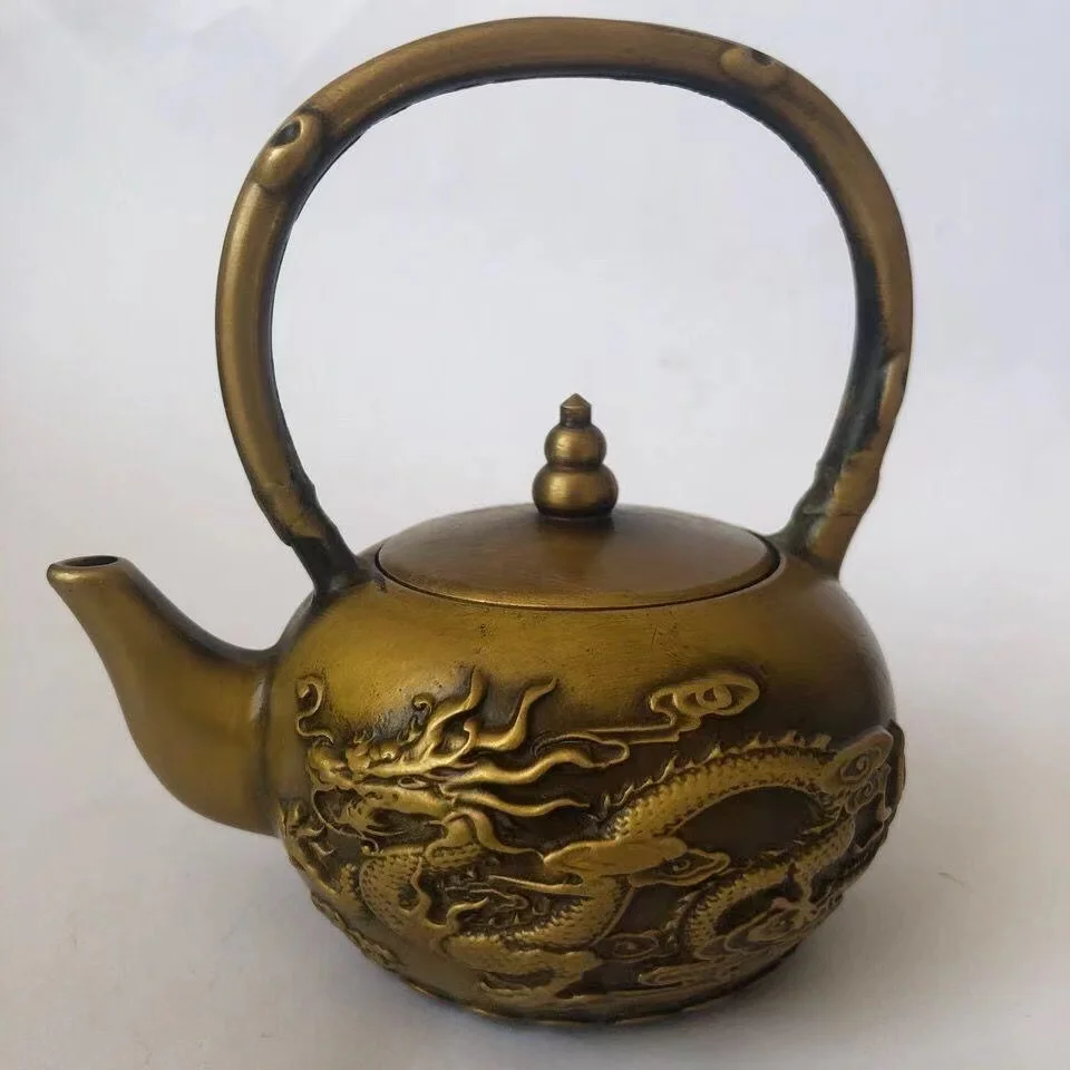 

Old Chinese Dragon and Phoenix Teapot, Qing Dynasty Qianlong Pure Copper Wine Pot Flagon Ornament, Original Fengshui Decor Gift