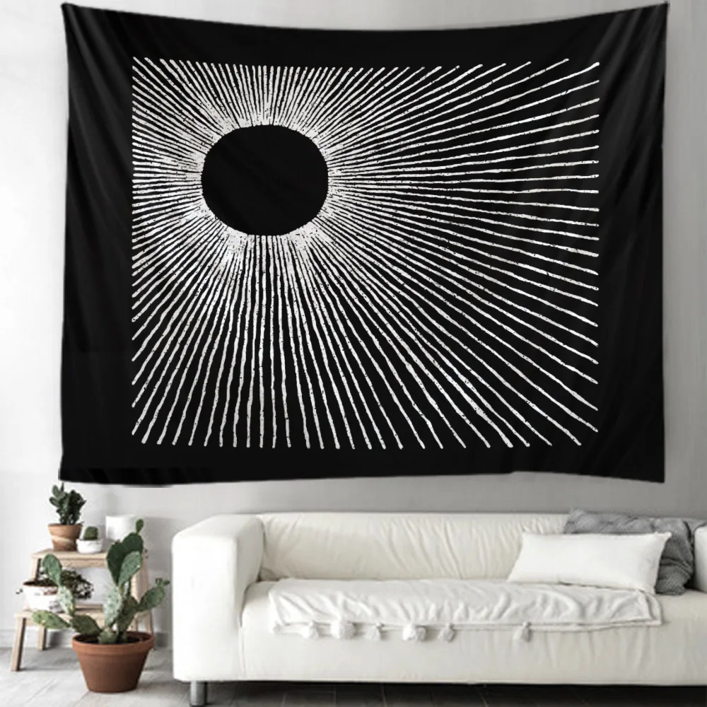 

Black tapestry with sunlight, stars, moon, artistic wall hanging cloth, hippie home decoration, polyester fabric wall decoration