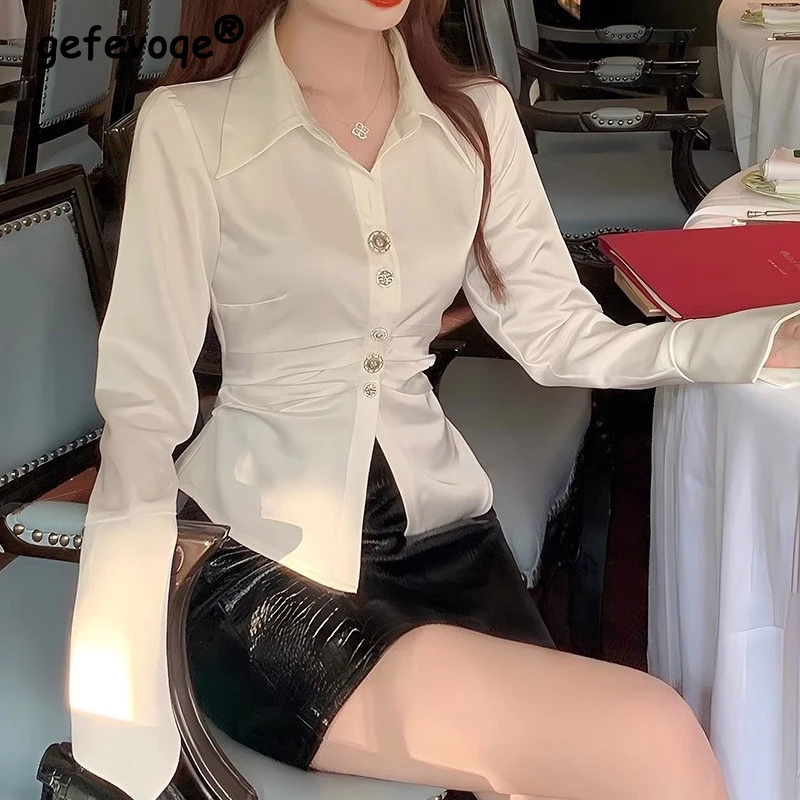 

Рубашка Женская атласная с рюшами, модная блузка в винтажном стиле, на пуговицах, элегантная офисная белая Повседневная Блузка с длинным рукавом, Y2K
