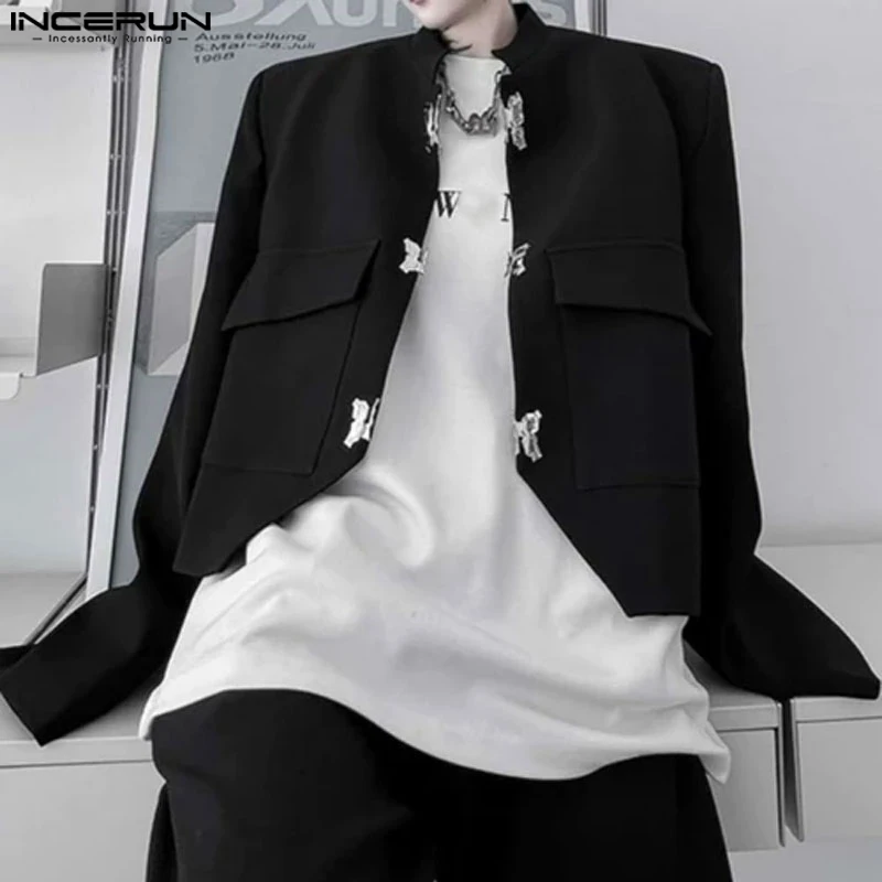 

Korean Style New Mens Fashion Butterfly Button Metal Design Blazers Casual Solid Long Sleeved Suit Coats S-5XL INCERUN Tops 2023