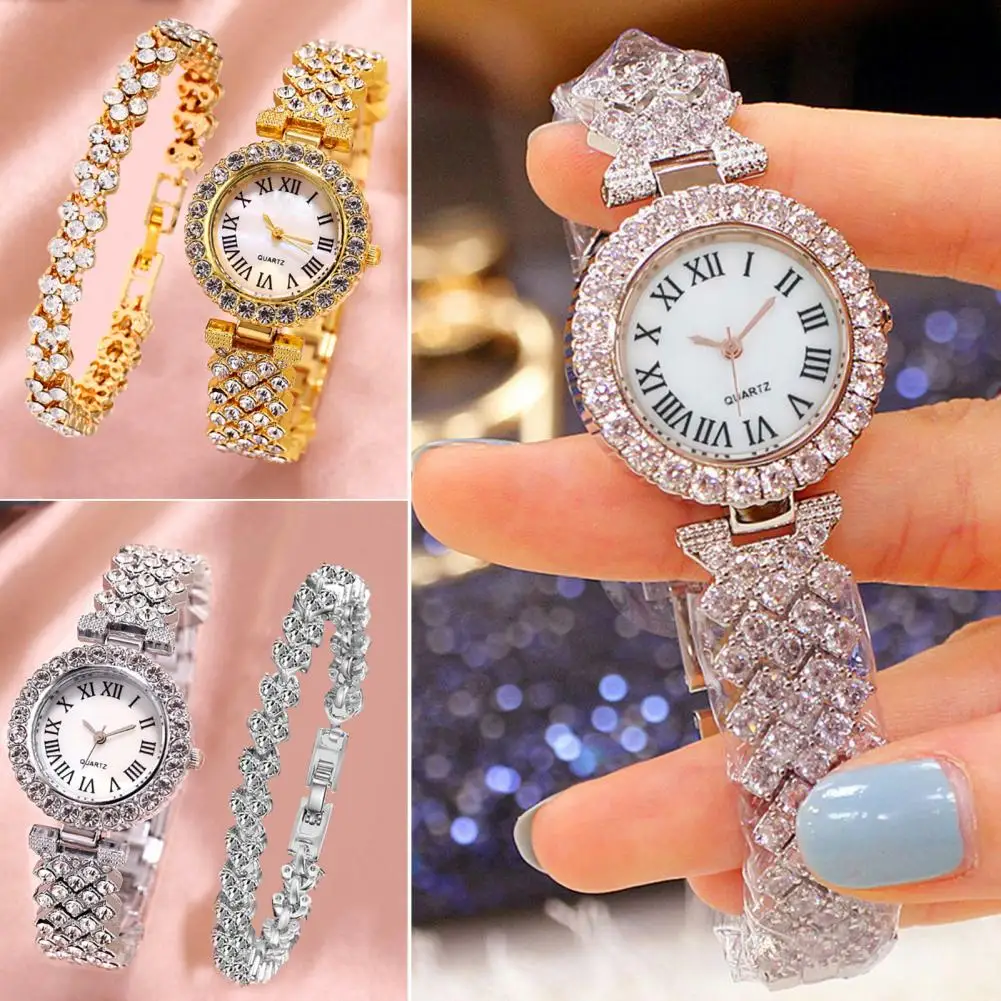 

2Pcs/Set Women Watch Bracelet Kit Round Dial Shiny Rhinestones Inlaid Roman Numerals Pointer Display Accurate Decorative Gift