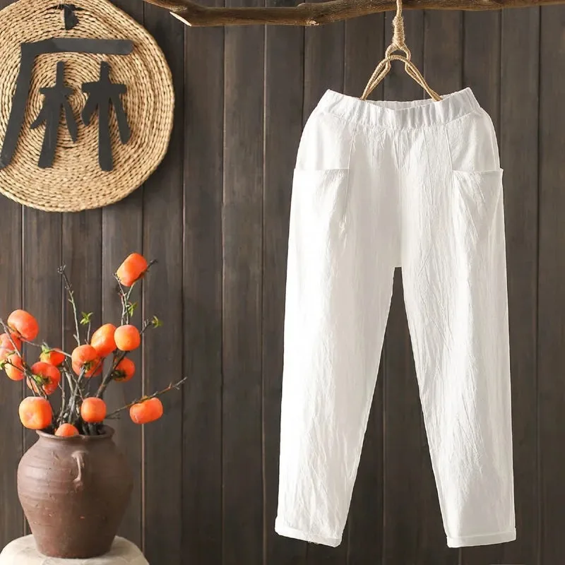 

High Waisted Cotton and Linen Lady New Summer Thin Style Korean Multiple Colour Elastic Waist Pockets Loose Straight Leg Pants