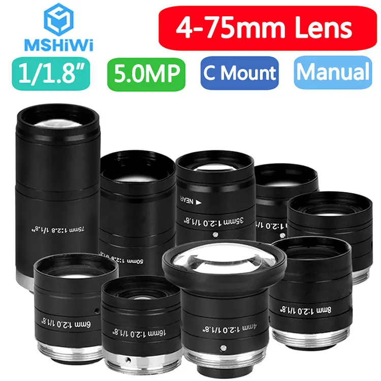 

5MP Manual Iris Lens 8mm 12mm 16mm 25mm 35mm 50mm 75mm FA Lens Fixed Focal F2.0 1/1.8Inch C Mount Machine Vision Camera Lenses