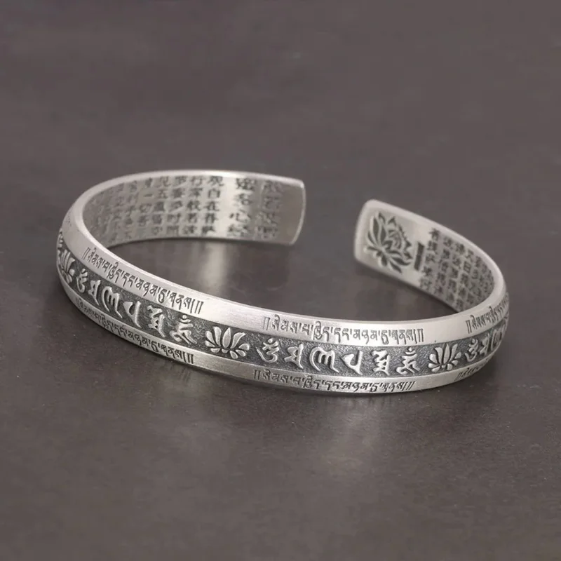 

Real 999 Pure Silver Cuff Bangle Engraved Heart Sutra Six-character Mantra Retro Lovers Men's and Women's Bracelets Open Type
